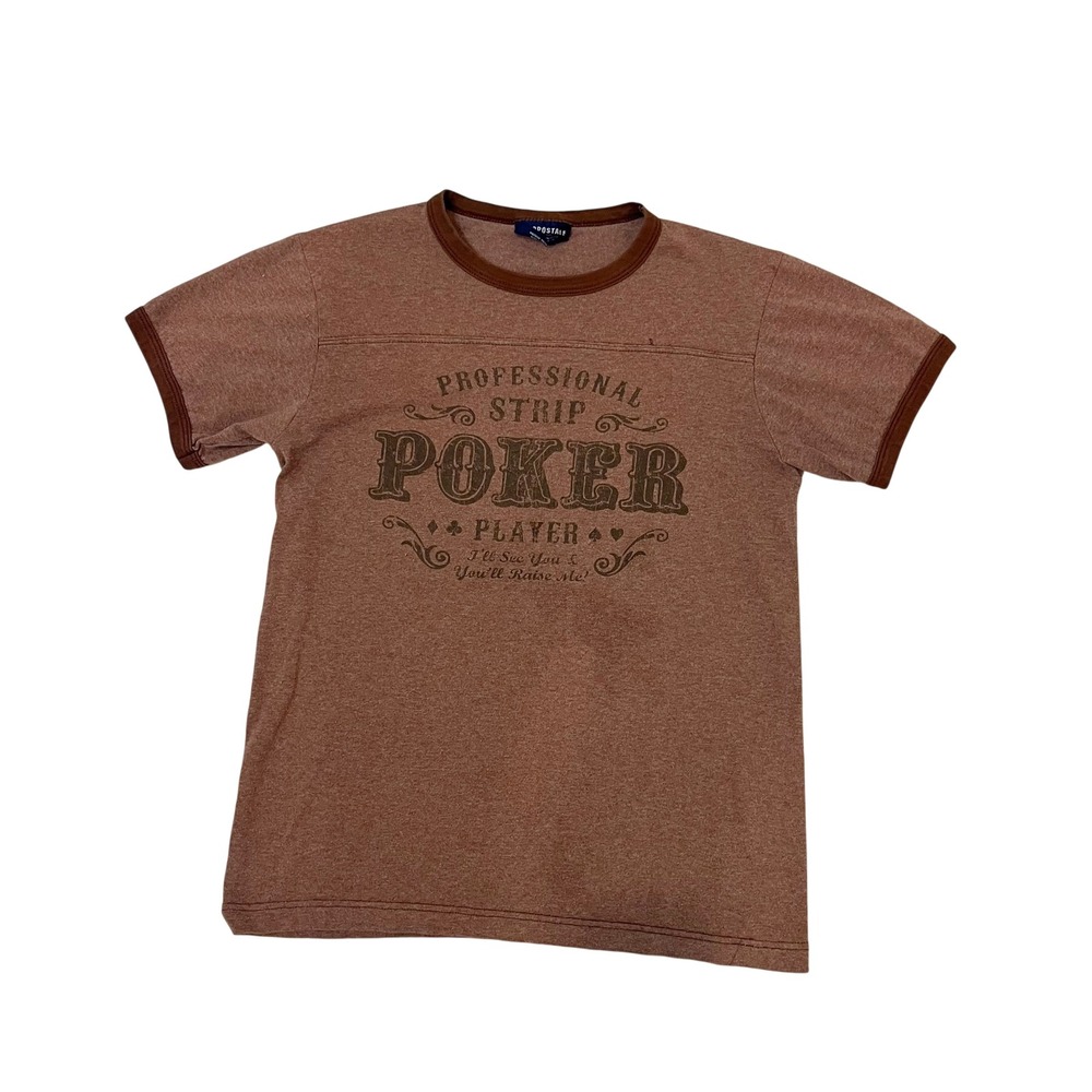 Vintage 90s Aeropostale Mens Strip Poker Player Ringer T-Shirt Brown Tee SMALL